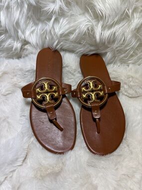 Tory Burch Cognac Leather Slide Sandal with Gold Medallion